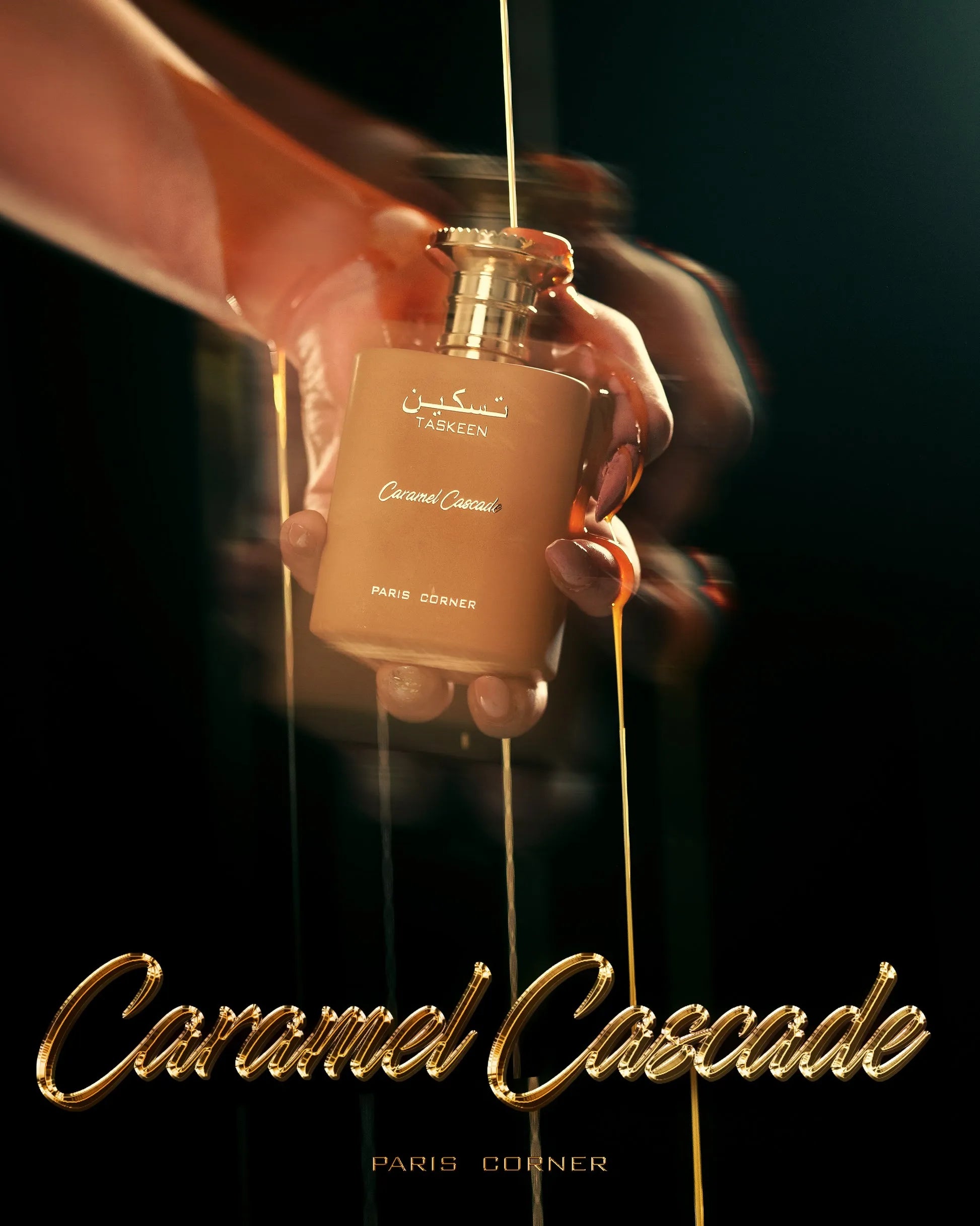 Taskeen Caramel Cascade perfume with notes of caramel, tonka bean, vanilla, white musk, and amber – sweet and sensual fragrance